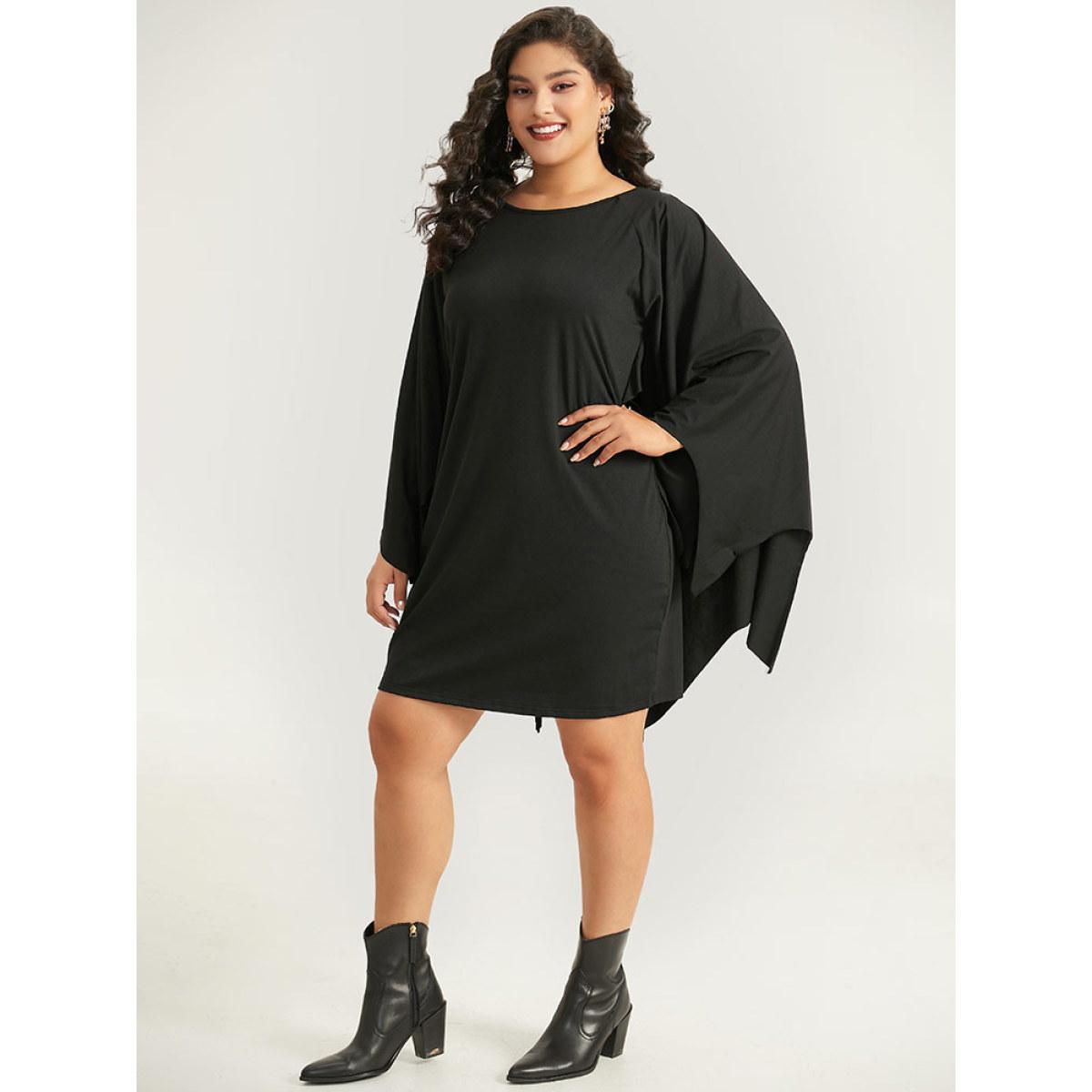 Plus Size Halloween Plain Round Neck Dolman Sleeve Dress Black Women Casual Plain Round Neck Long Sleeve Curvy Midi Dress BloomChic 28/5X Product Image