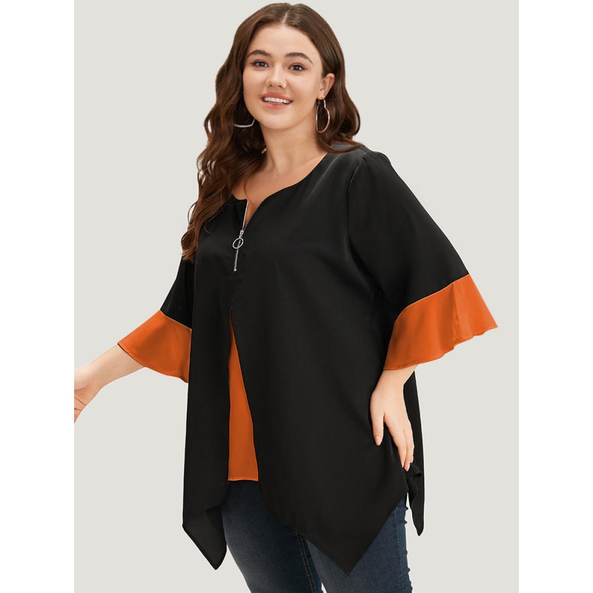 Plus Size Chocolate Anti-Wrinkle Contrast Zip Up Flutter Sleeve Hanky Hem Blouse Women Office Half Sleeve Round Neck Work Blouses BloomChic 10/M Product Image
