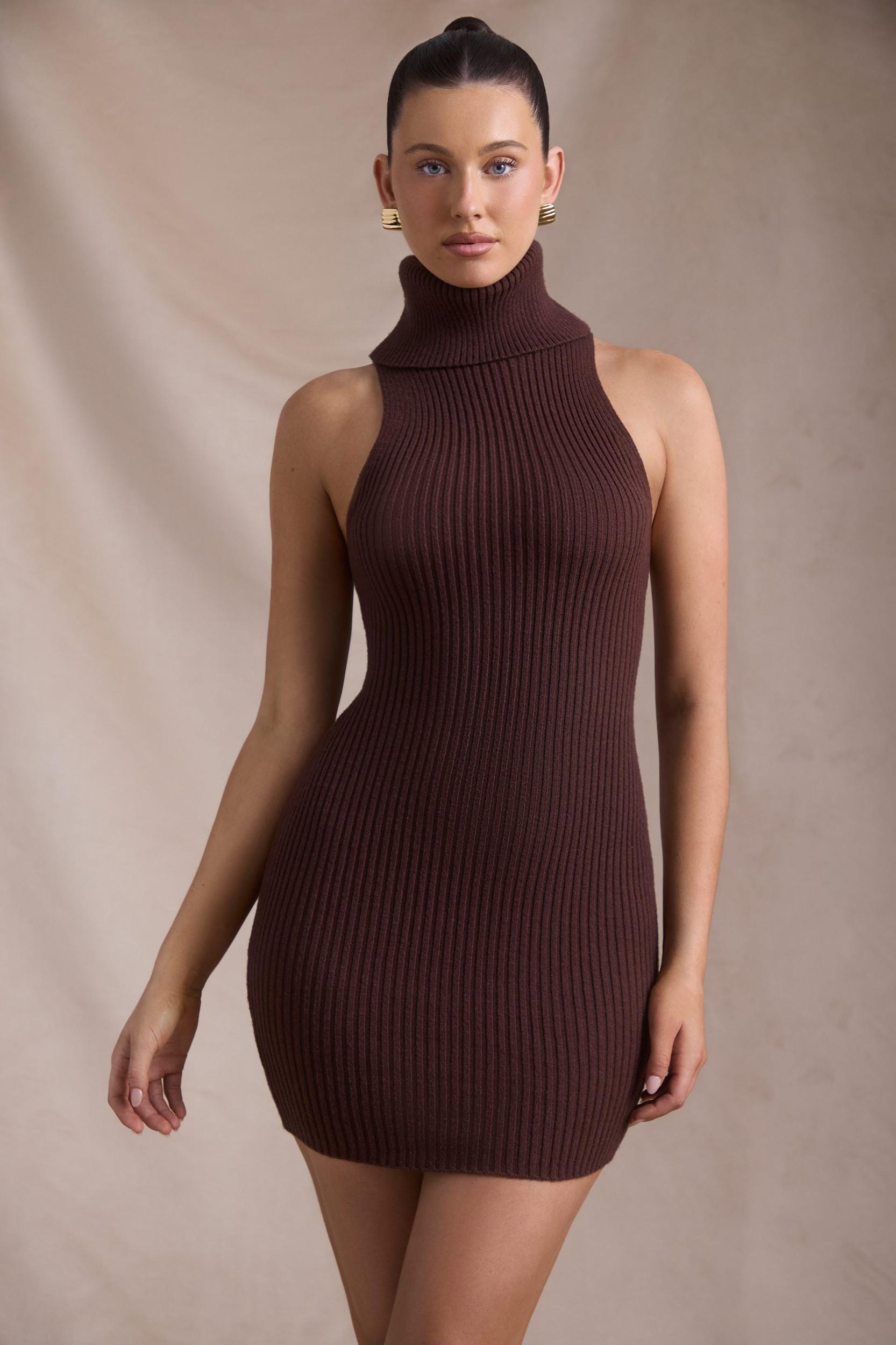 Ribbed-Knit Turtleneck Mini Dress in Espresso Product Image
