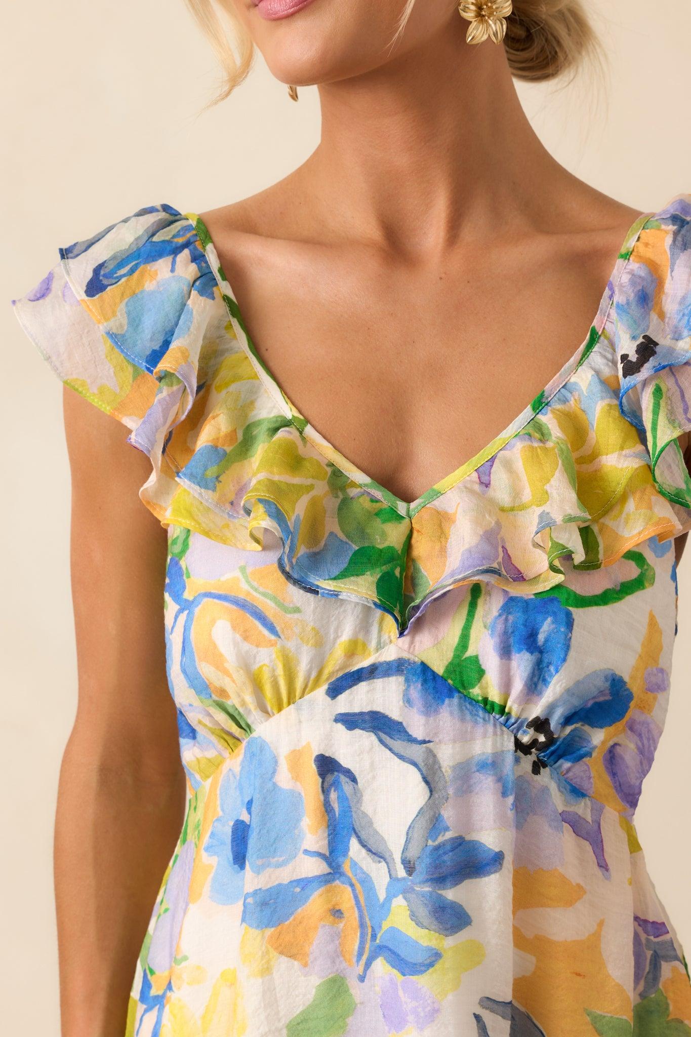 MINKPINK Yellow Floral Fable Frill Mini Dress Product Image