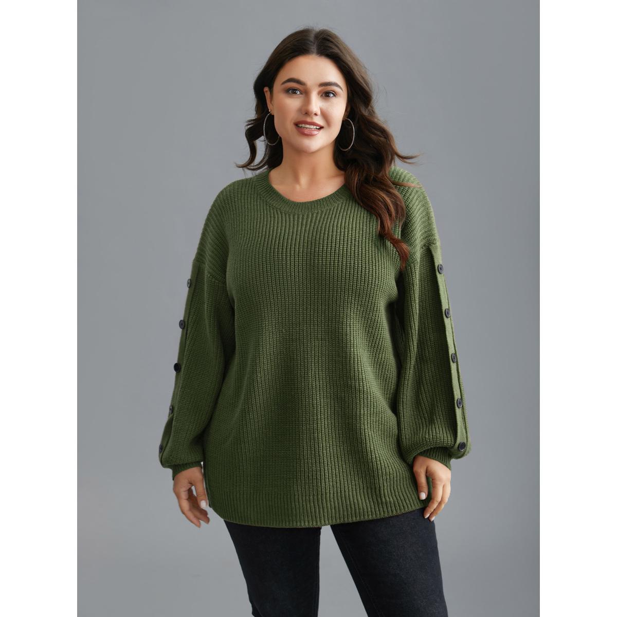 Plus Size Textured Drop Shoulder Button Detailing Pullover ArmyGreen Women Casual Loose Long Sleeve Round Neck Everyday Pullovers BloomChic 28/5X Product Image