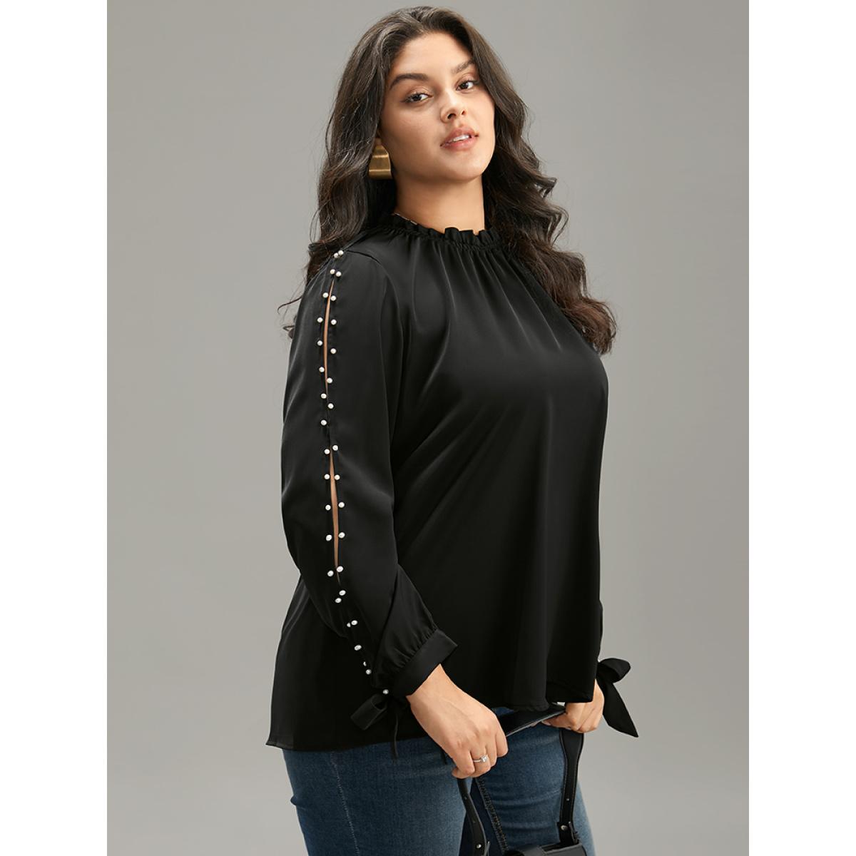 Plus Size Black Anti-Wrinkle Pearl Beaded Ties Cut Out Blouse Women Office Long Sleeve Halter neck Office Blouses BloomChic 18-20/2X Product Image