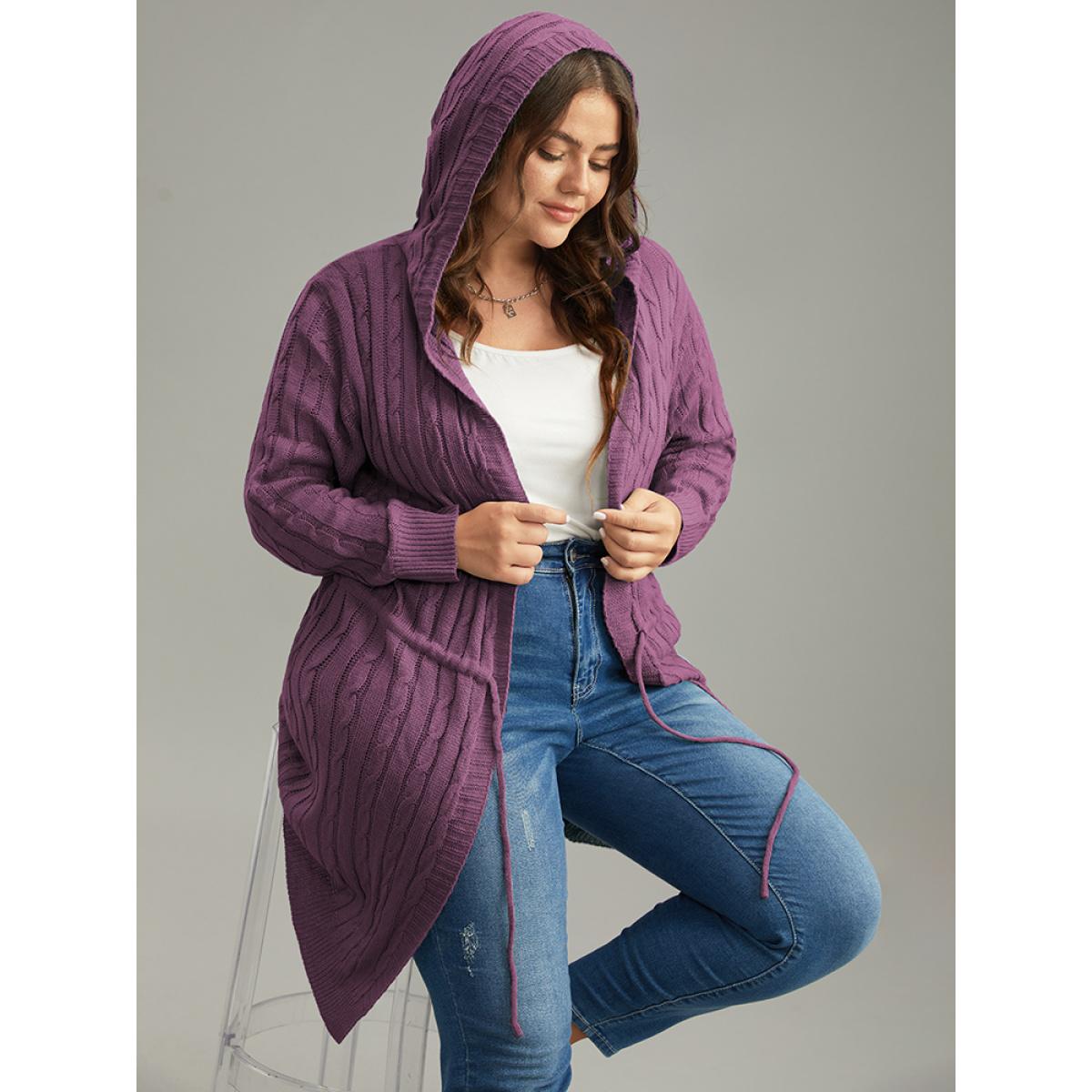 Plus Size Cable Knit Drawstring Front Hooded Cardigan Purple Women Casual Loose Long Sleeve Dailywear Cardigans BloomChic 30/6X Product Image