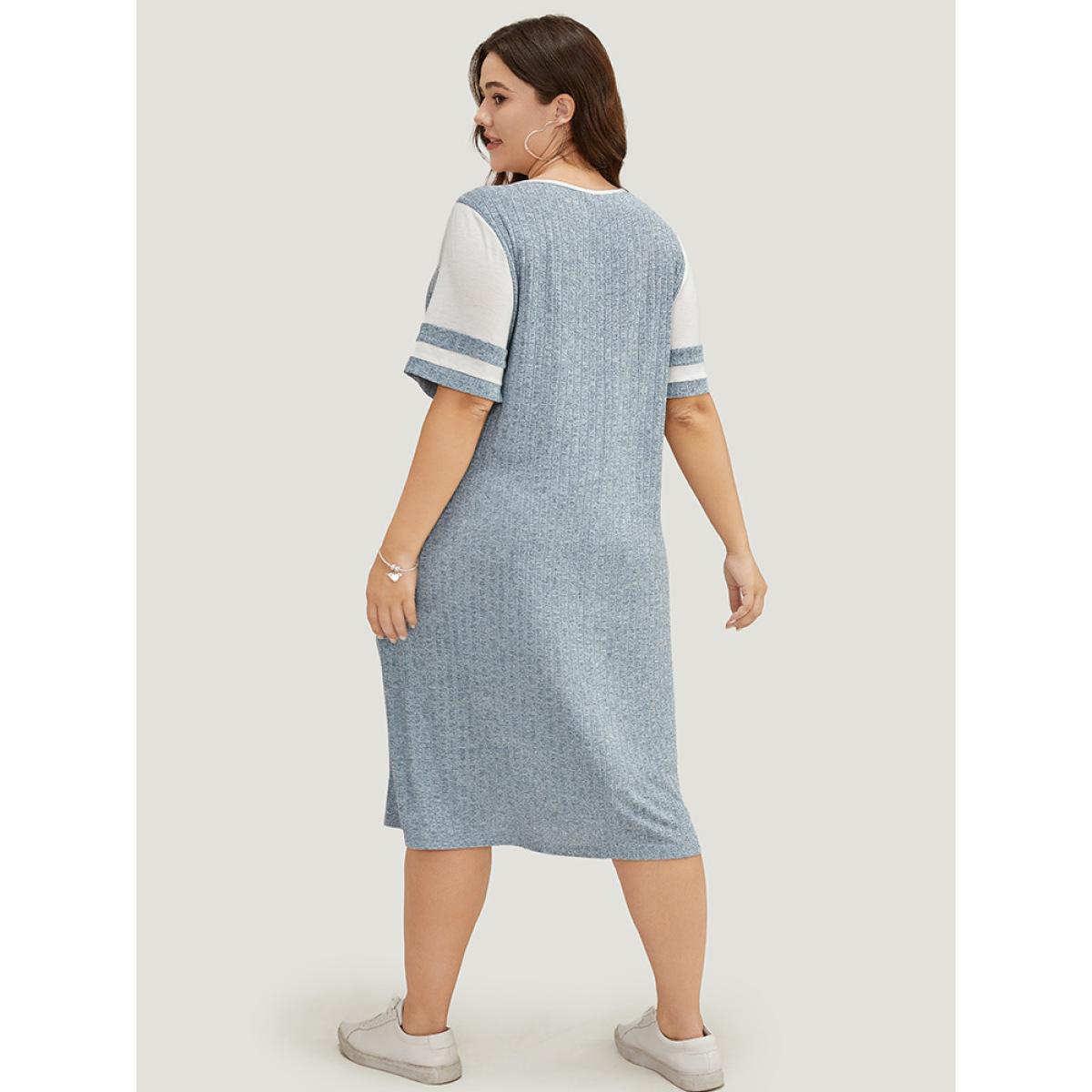 Plus Size Colorblock Contrast Pocket Crisscross Detail Rib Knit Dress Stone Women Casual Contrast Round Neck Short sleeve Curvy Midi Dress BloomChic 30/6X Product Image