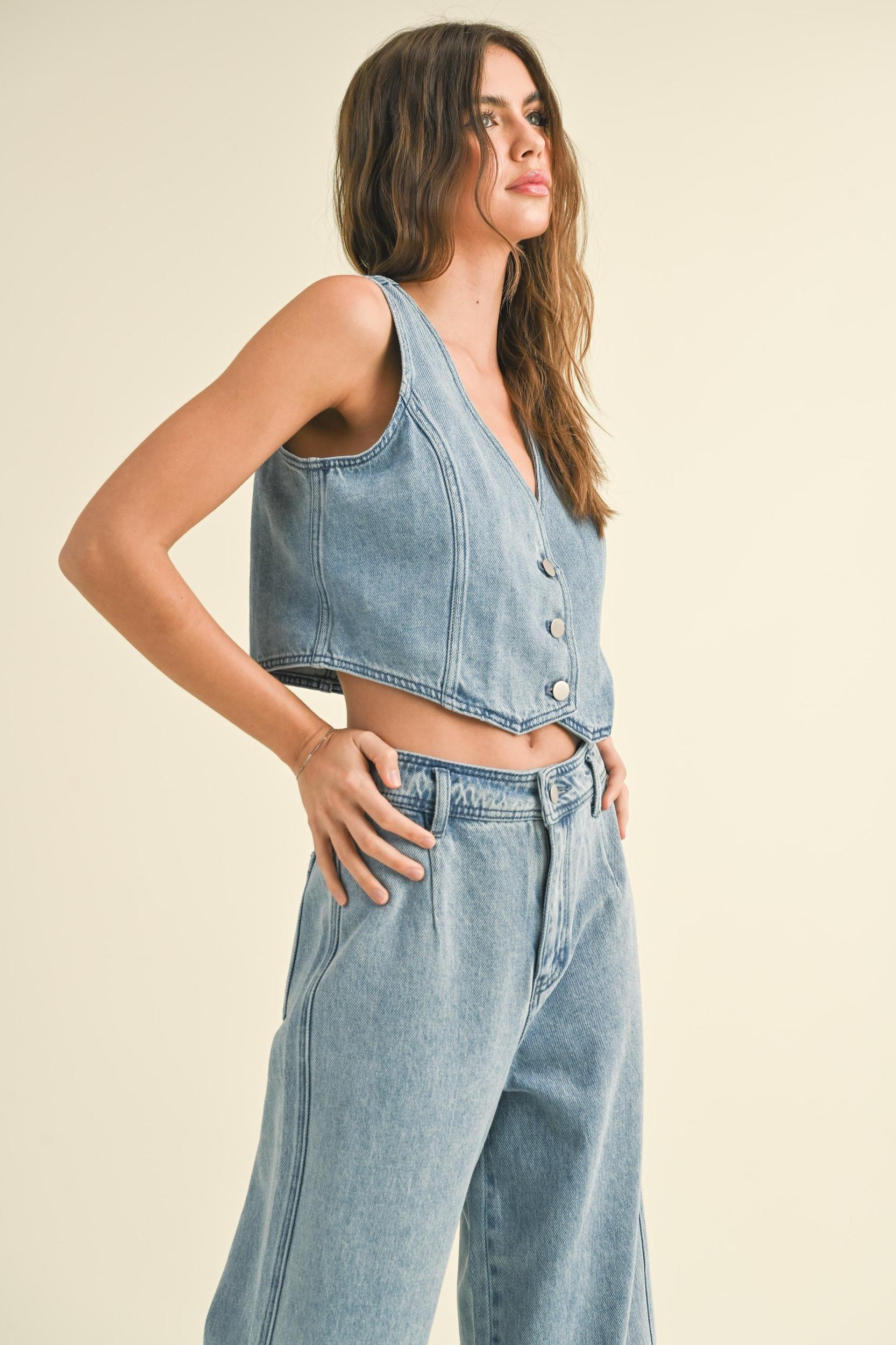 Washed Denim Crop Vest Product Image