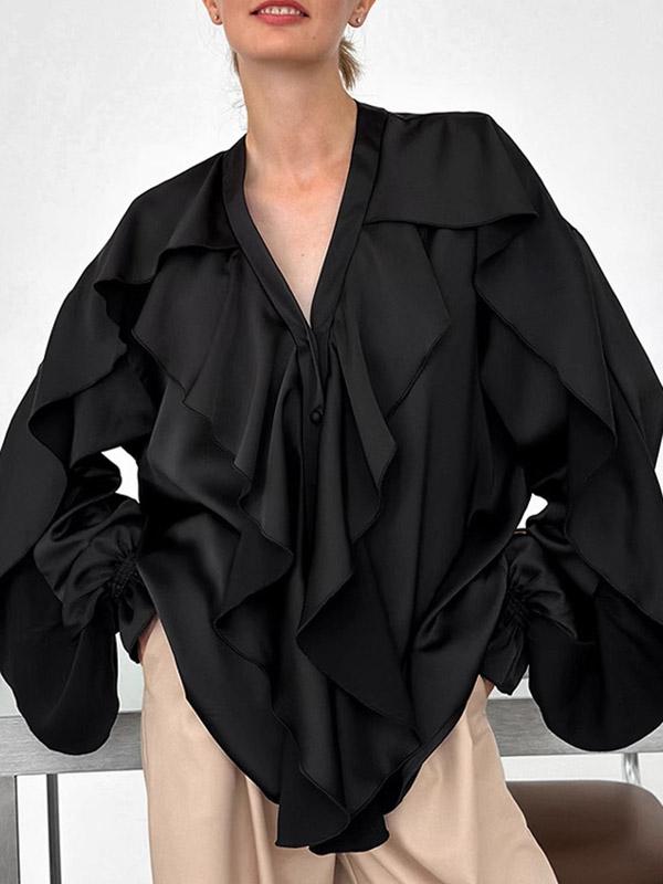 Loose Puff Sleeves Solid Color Split-Joint Tiered V-Neck Blouses&Shirts Tops Product Image