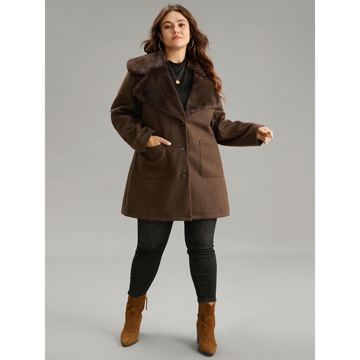 Plus Size Plain Lapel Collar Fuzzy Trim Patchwork Button Up Coat Women DarkBrown Casual Lined Ladies Dailywear Winter Coats BloomChic 10/M Product Image