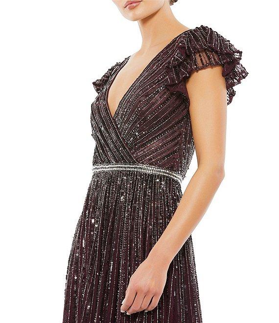 Mac Duggal Sequin Wrap Over Surplice V-Neck Ruffle Cap Sleeve Gown Product Image