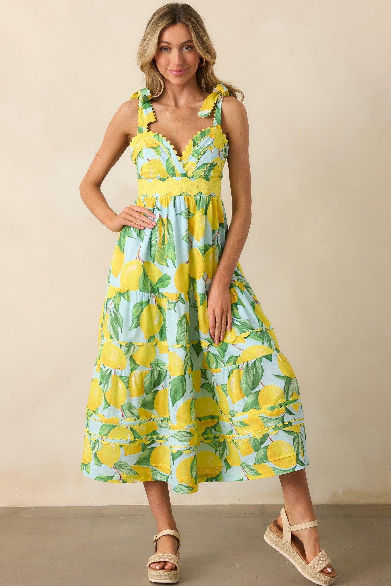 Prosperina Caterina Blue Lemon Print Cotton Midi Dress Product Image