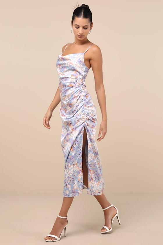 Truest Romance Slate Floral Print Sleeveless Ruched Midi Dress Product Image