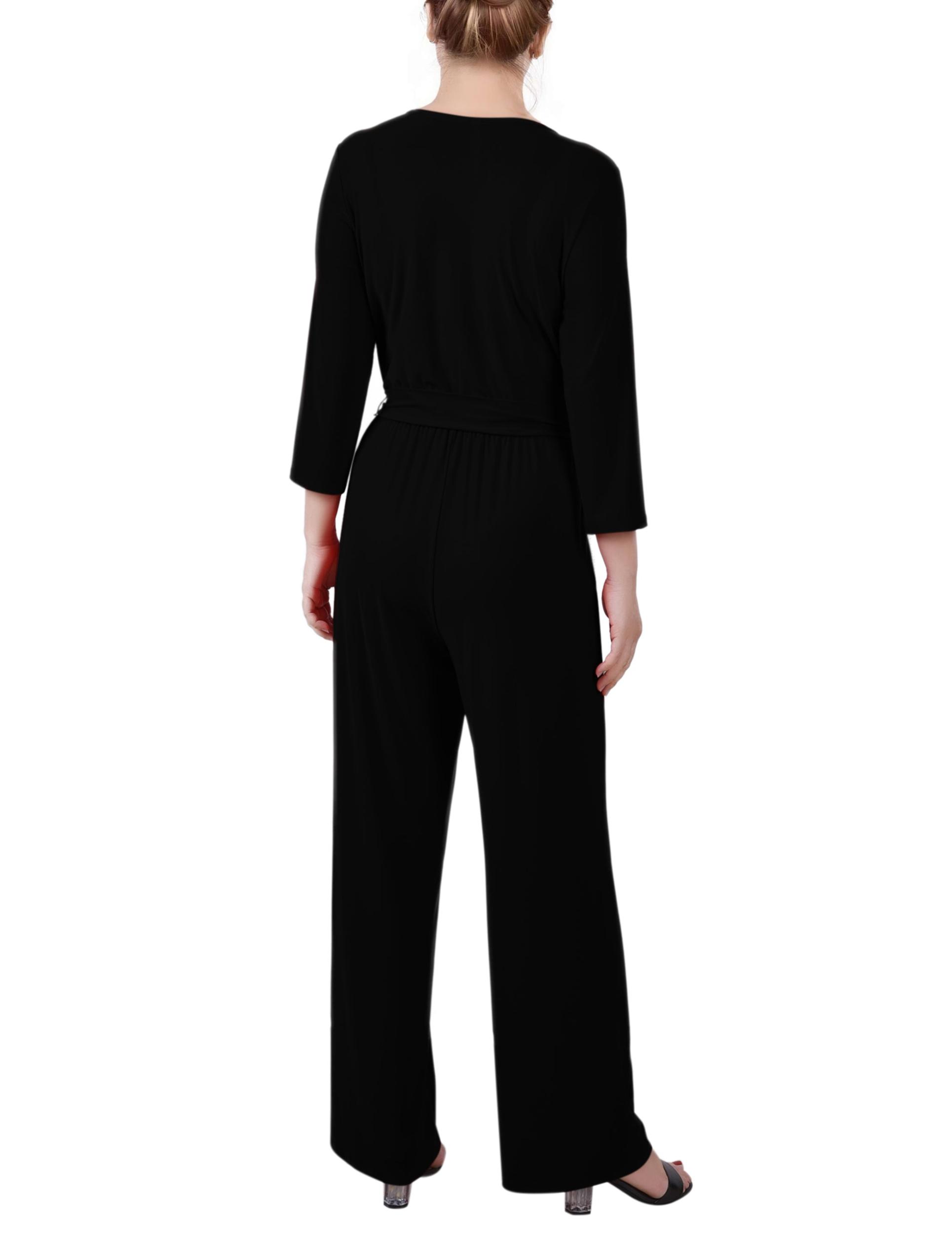 Black 3/4 Sleeve Belted Jumpsuit - Petite Short Product Image
