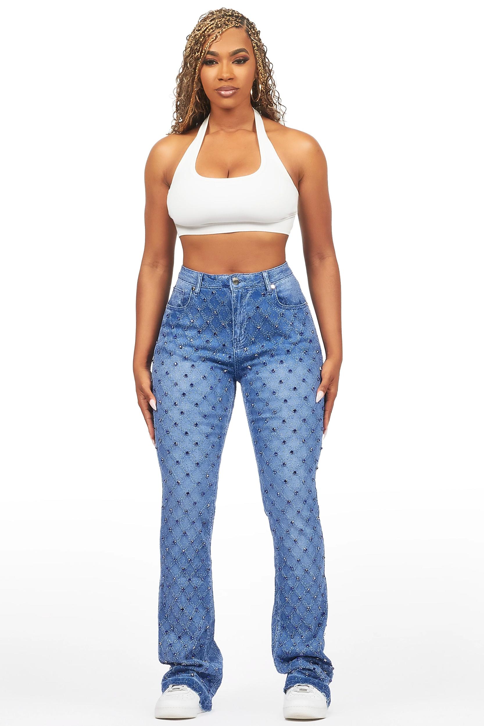 Sareka Royal Blue Rhinestone Stacked Flare Jean Female Product Image