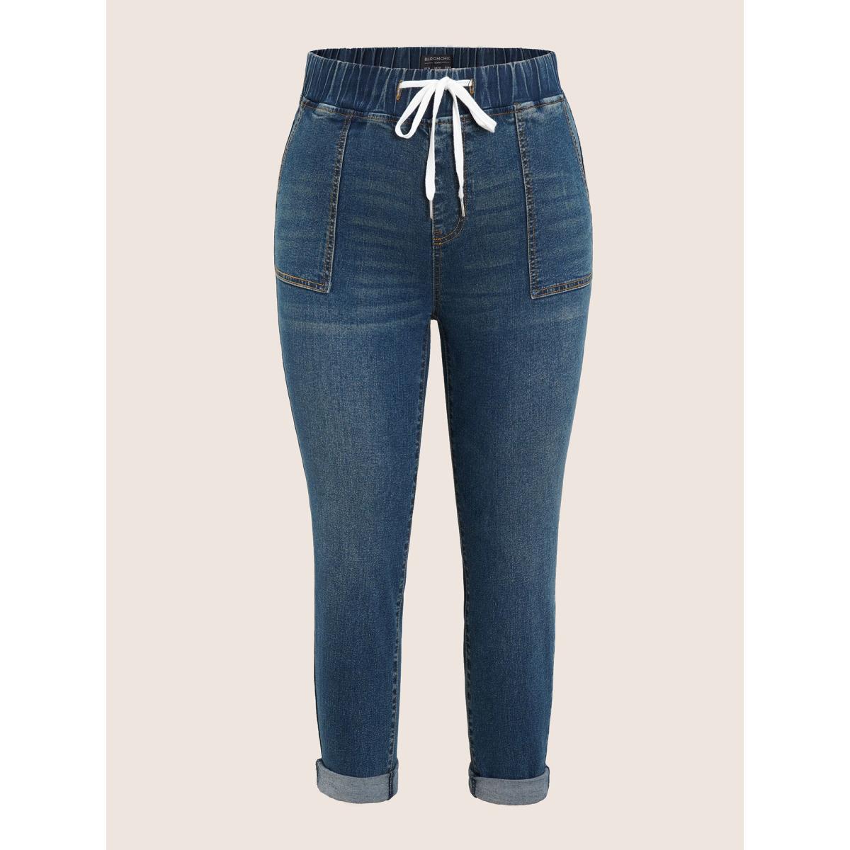 Plus Size Drawstring Elastic Waist Roll Hem Jeans Women DarkBlue Casual Plain Drawstring High stretch Slanted pocket Jeans BloomChic 18/2X Product Image