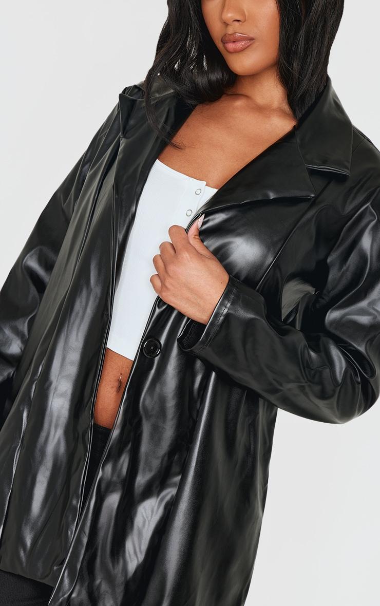 Black Longline Lapel Detail Faux Leather Blazer Product Image