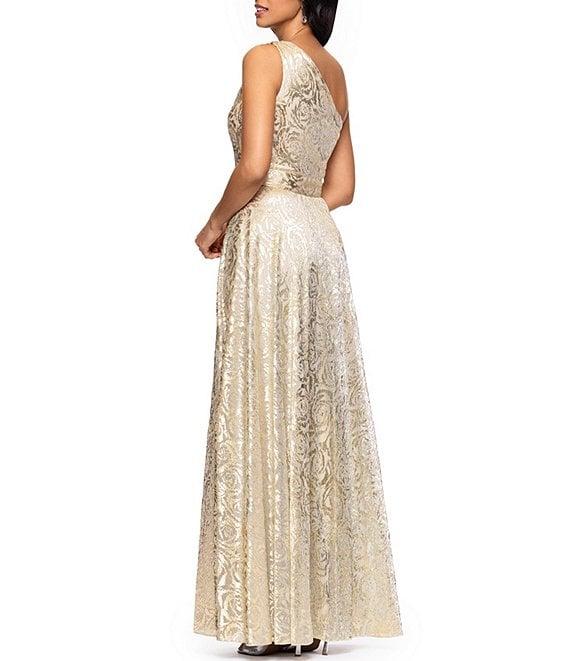 Betsy & Adam One Shoulder Floral Foil A-Line Gown Product Image