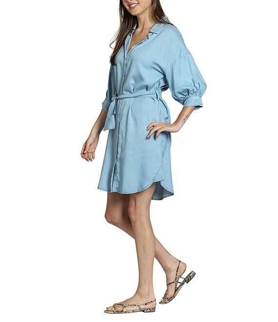 APNY Tencel Spread Collar 3/4 Puff Sleeve Belted Button Front Shirt Dress Product Image