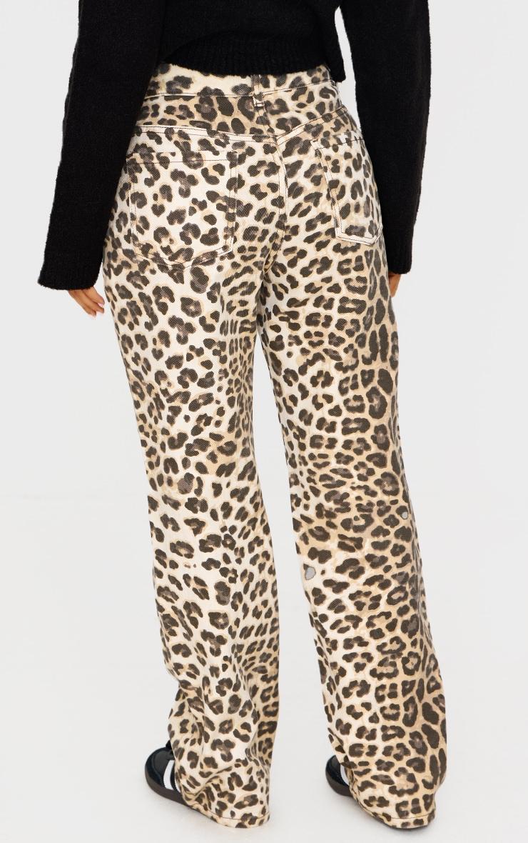 Petite Brown Denim Leopard Print Straight Leg Jeans Product Image
