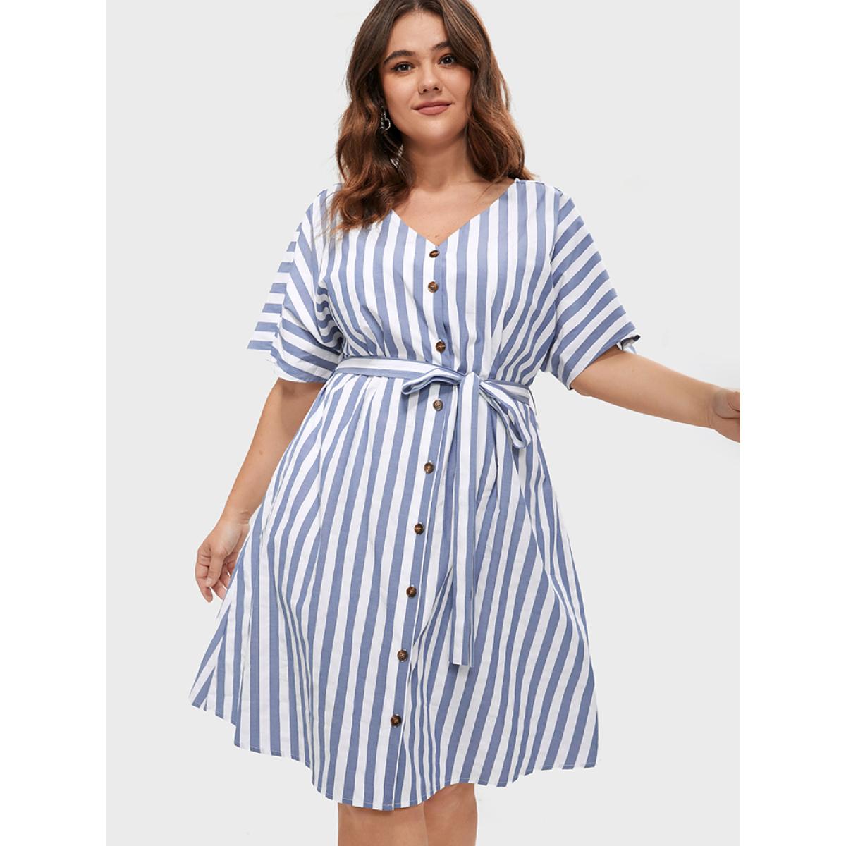 Plus Size Striped V Neck Button Belted Knee Dress Blue Women Office Gathered V-neck Short sleeve Curvy BloomChic 28/5X Product Image