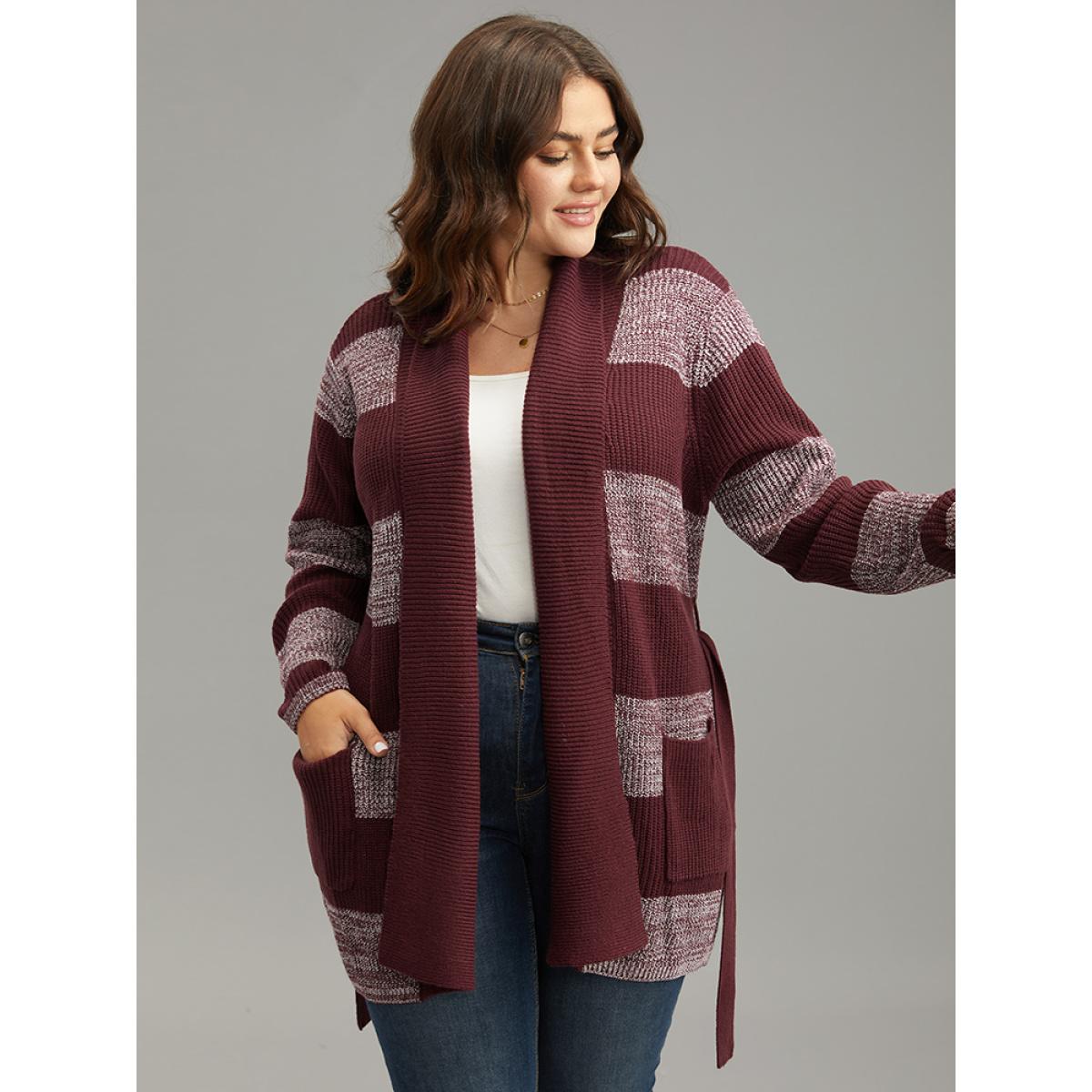 Plus Size Colorblock Heather Belted Pocket Cardigan Burgundy Women Casual Loose Long Sleeve Dailywear Cardigans BloomChic 14-16/1X Product Image