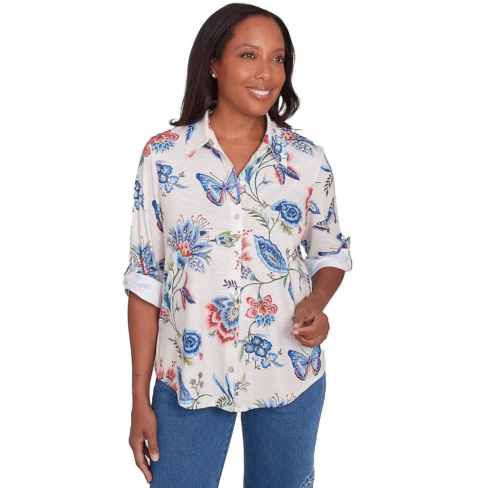 Petite Alfred Dunner Butterfly Button-Down Cuffed Sleeve Shirt, Women's, Size: Large Petite, Neutral Team Product Image