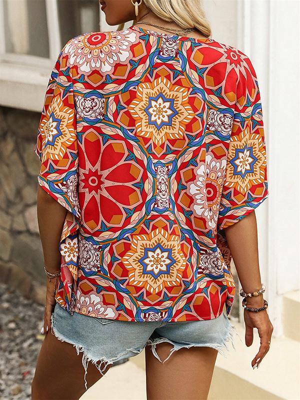 Batwing Sleeves Loose Buttoned Flower Print V-Neck Blouses&Shirts Tops Product Image