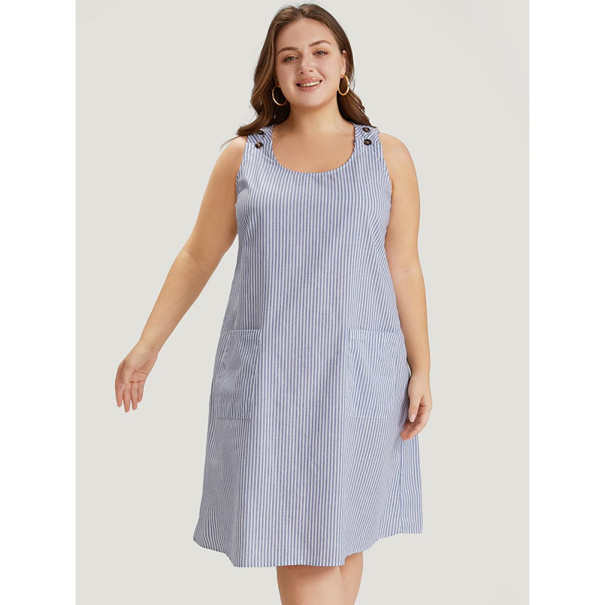 Plus Size Striped Patched Pocket Adjustable Button Dress LightBlue Women Casual Adjustable Straps Round Neck Sleeveless Curvy Knee Dress BloomChic 26/4X Product Image