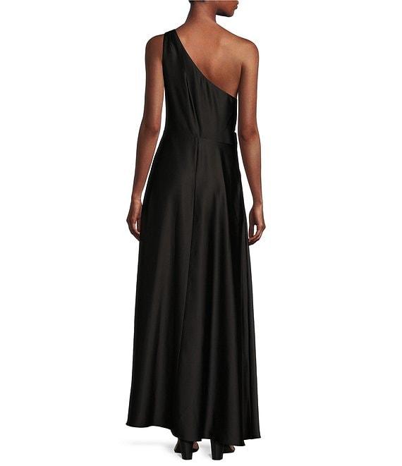 Alex Marie Camila Stretch Satin Asymmetrical One Shoulder Metal Loop Strap A-Line Maxi Dress Product Image