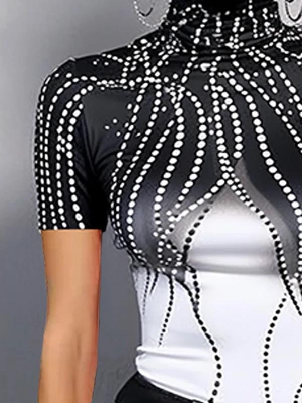 Short Sleeves Skinny Contrast Color Printed High Neck T-Shirts Tops Product Image