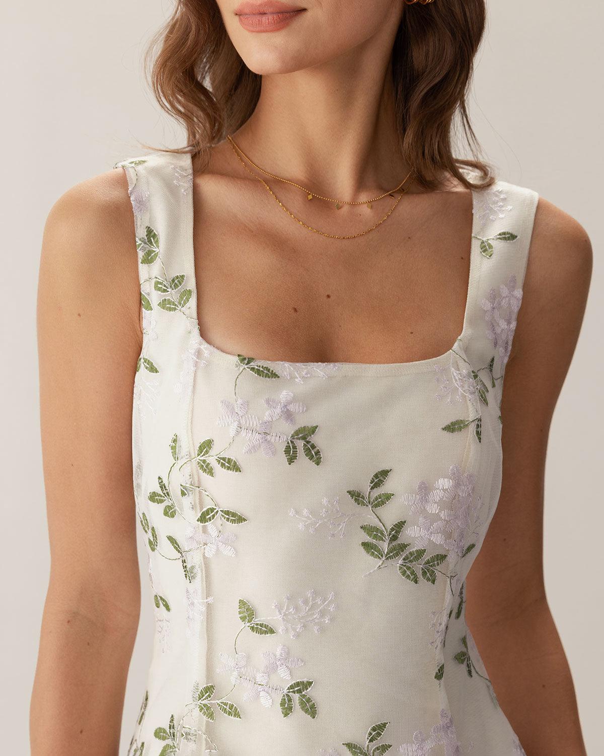 Beige Square Neck Embroidery Slit Slip Mini Dress Product Image