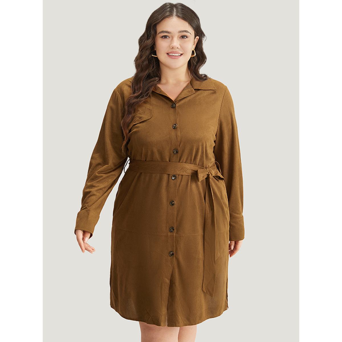 Plus Size Plain Split Hem Button Through Belted Dress Bronze Women Office Plain Shirt collar Long Sleeve Curvy Knee Dress BloomChic 28/5X Product Image