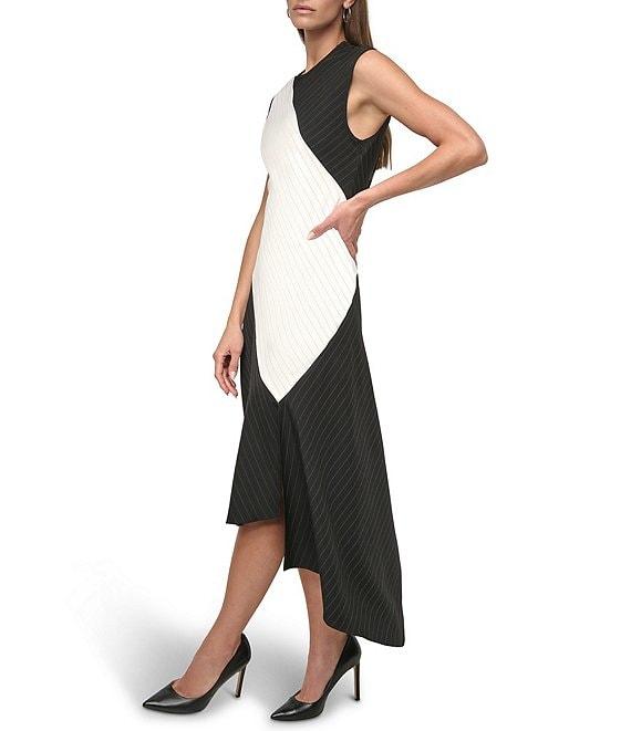 DKNY by Donna Karan Woven Colorblock Stripe Print Crew Neck Sleeveless Fit and Flare Midi Dress Product Image