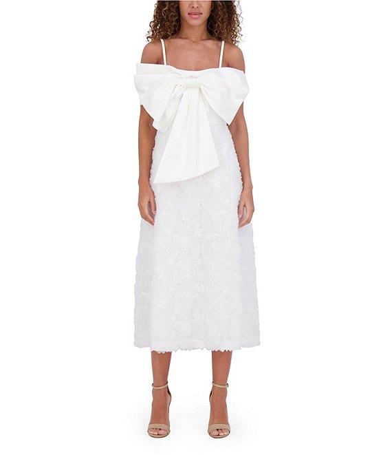 Kensie Matte Satin Square Neck Sleeveless Spaghetti Straps Oversize Bow A-Line Midi Dress Product Image