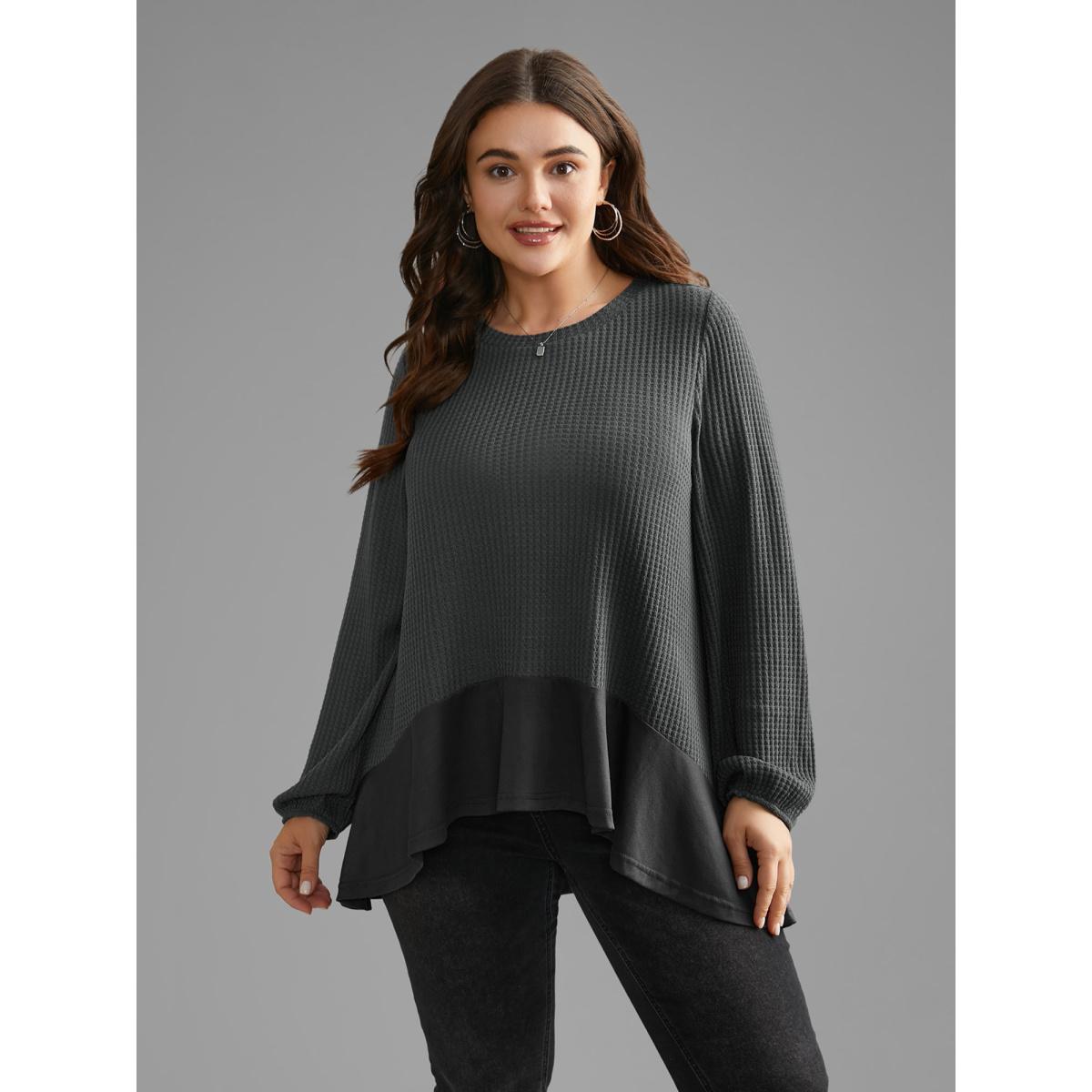 Plus Size Waffle Knit Patchwork High Low Hem T-shirt DimGray Women Casual Texture Round Neck Loose Everyday T-shirts BloomChic 14-16/1X Product Image