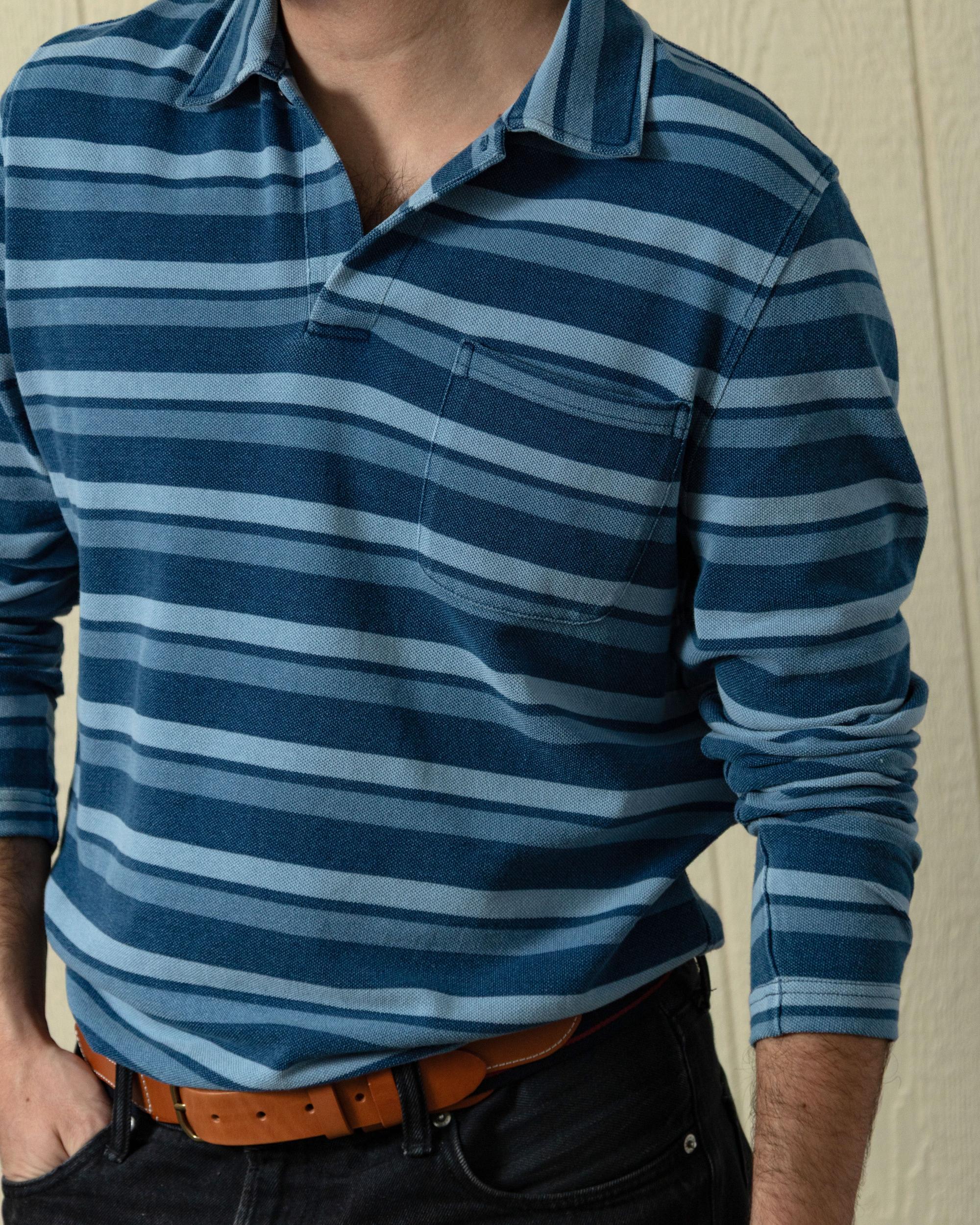 Long Sleeve Indigo Pique Polo in Blue Multi Product Image