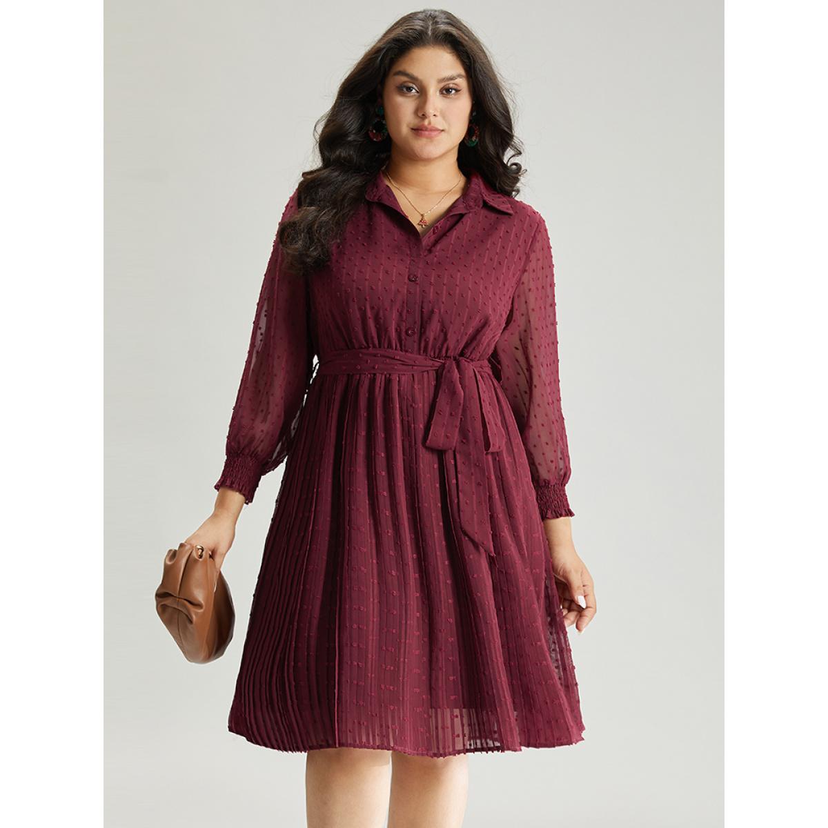 Plus Size Plain Textured Shirt Collar Gathered Belted Dress Scarlet Women Office Elastic cuffs Shirt collar Long Sleeve Curvy Midi Dress BloomChic 30/6X Product Image