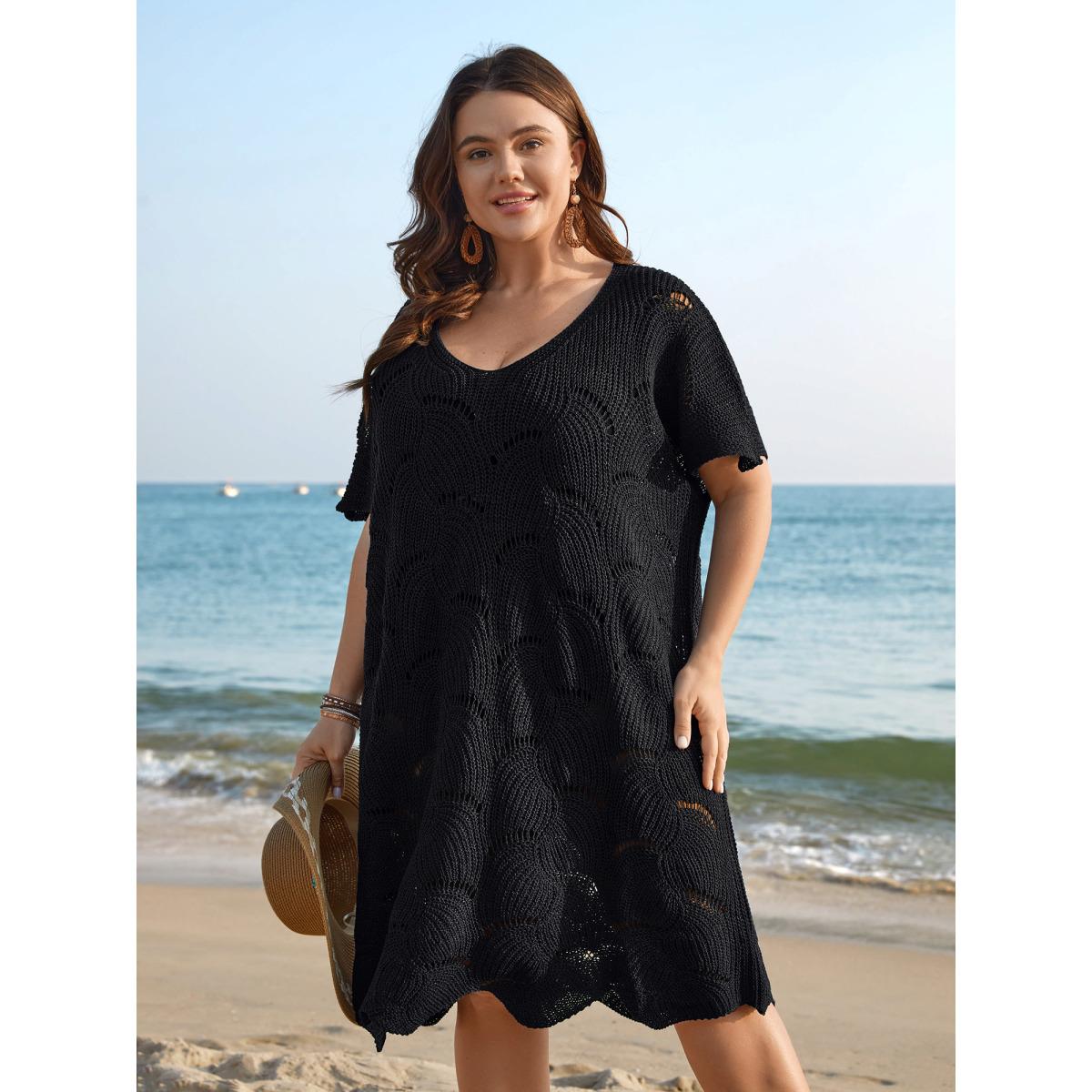 Plus Size Cut-Out Solid V-Neck Swimsuit Coverup Women's Swimwear Black Resort Loose Texture Curve Swim Cover Ups BloomChic 26/4X Product Image