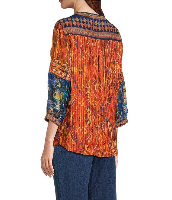 John Mark Geometric Boho Spice Marble Print Embroidered Tasseled Tie Split Neck 3/4 Sleeve Pheasant Blouse Product Image
