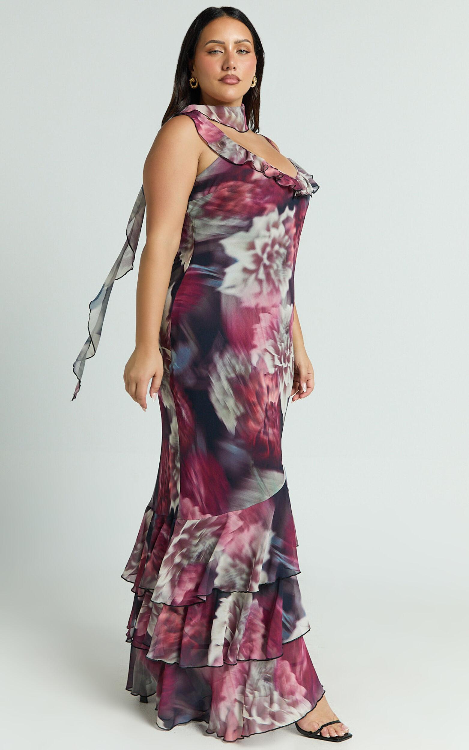 Riley Maxi Dress - Asymmetric Ruffle Detail Maxi Dress in Mariache Rose Product Image