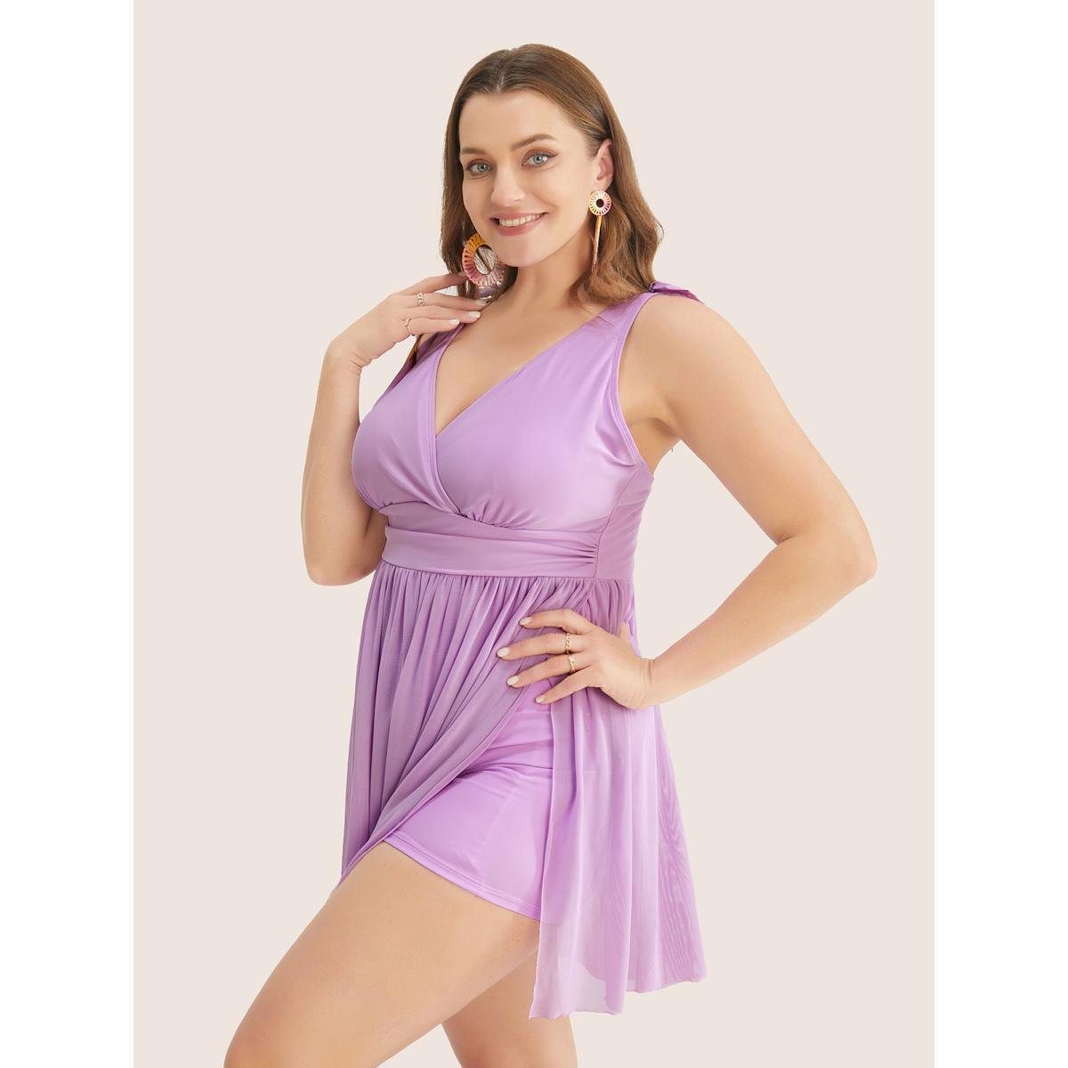 Plus Size Sculpt Waist Ruched Split Hem Swim Dress Women's Swimwear Lilac Beach Bodycon V-neck High stretch Curve Swim Dresses BloomChic 10/M Product Image