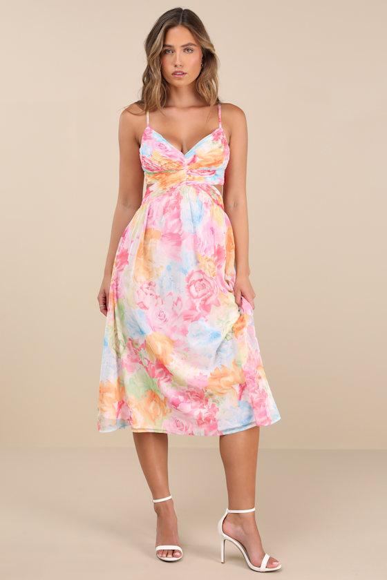 Ettalie Pink Multi Floral Lace-Up Midi Dress Product Image