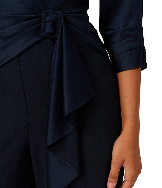 Adrianna Papell Stretch Satin Crepe Surplice V-Neck 3/4 Sleeve Side Drape Jumpsuit Product Image