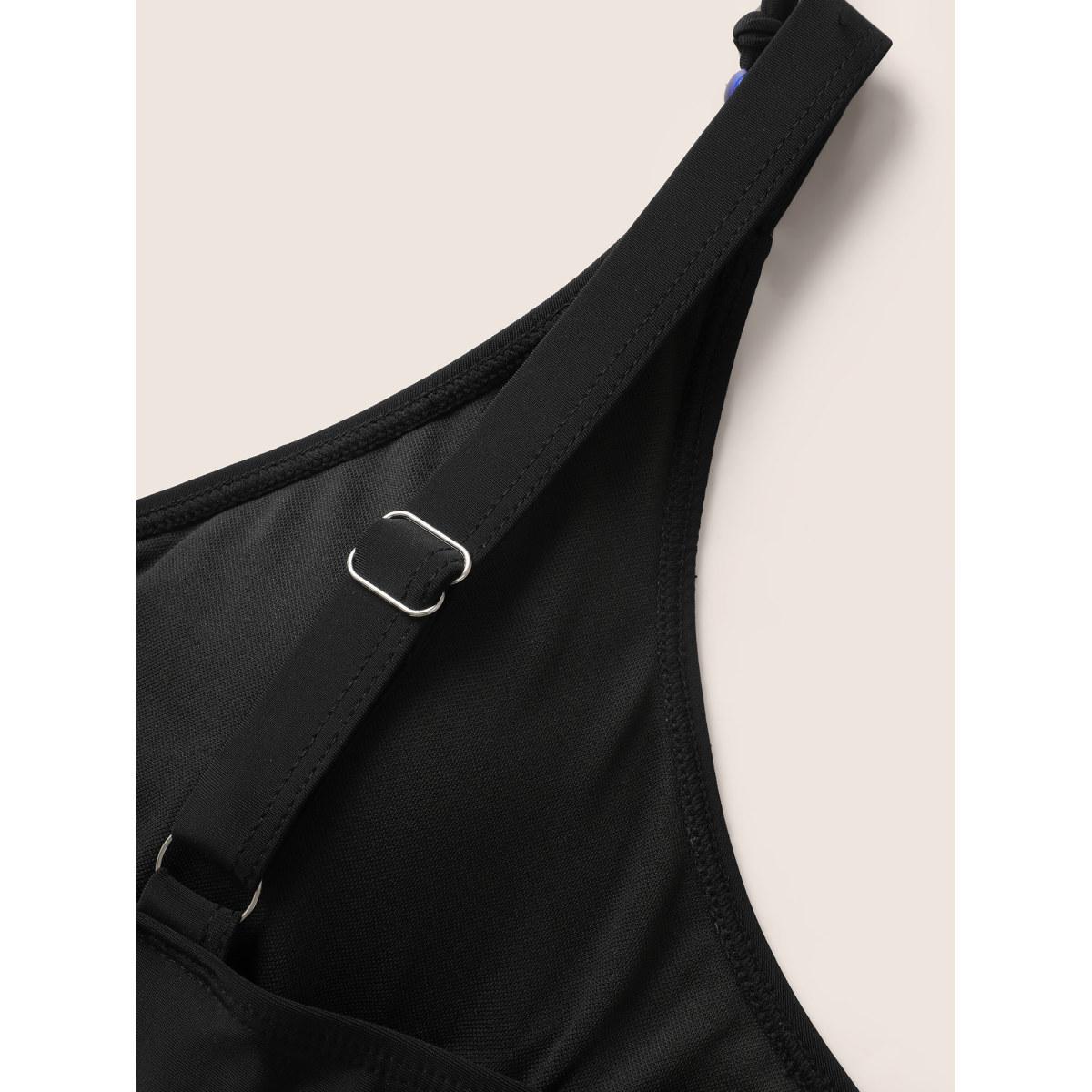 Plus Size Overlap Collar Floral Embroidered Tie Knot Swim Top Women's Swimwear Black Beach Tie knot High stretch Skinny Overlap Collar Curve Swim Tops BloomChic 18-20/2X Product Image