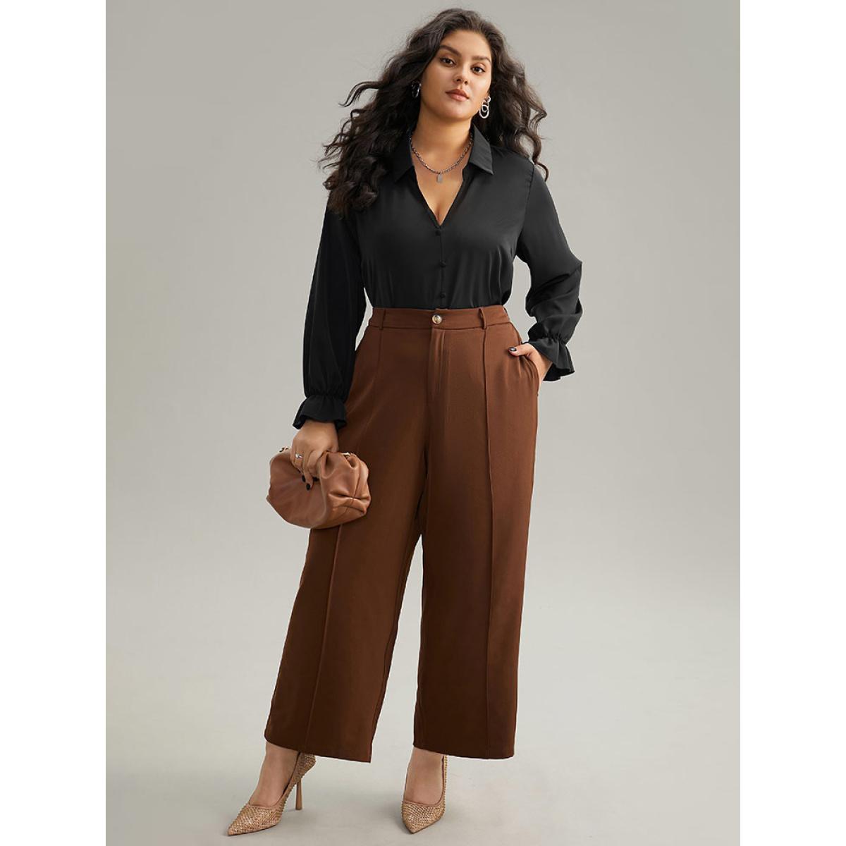 Plus Size Black Static-Free Solid Button Detail Frill Trim Blouse Women Office Long Sleeve Shirt collar Office Blouses BloomChic 10/M Product Image