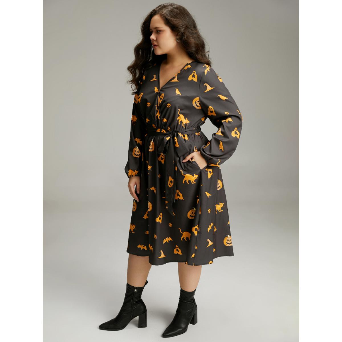 Plus Size Halloween Pumpkin & Bat Print Wrap Lantern Sleeve Dress Black Women Office Elastic cuffs Overlap Collar Long Sleeve Curvy Midi Dress BloomChic 30/6X Product Image