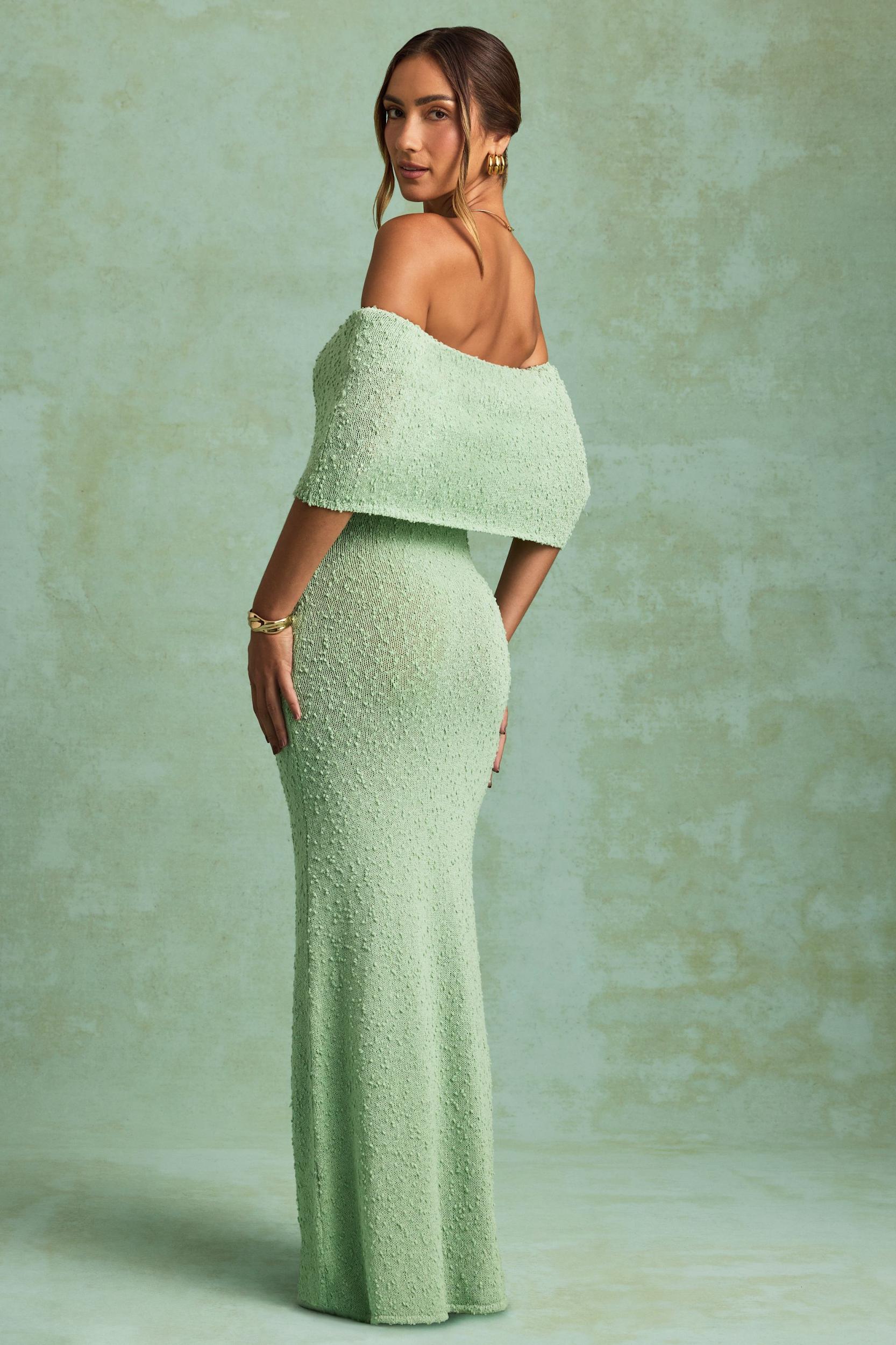 Bouclé Off-Shoulder Maxi Dress in Mint Girls Product Image
