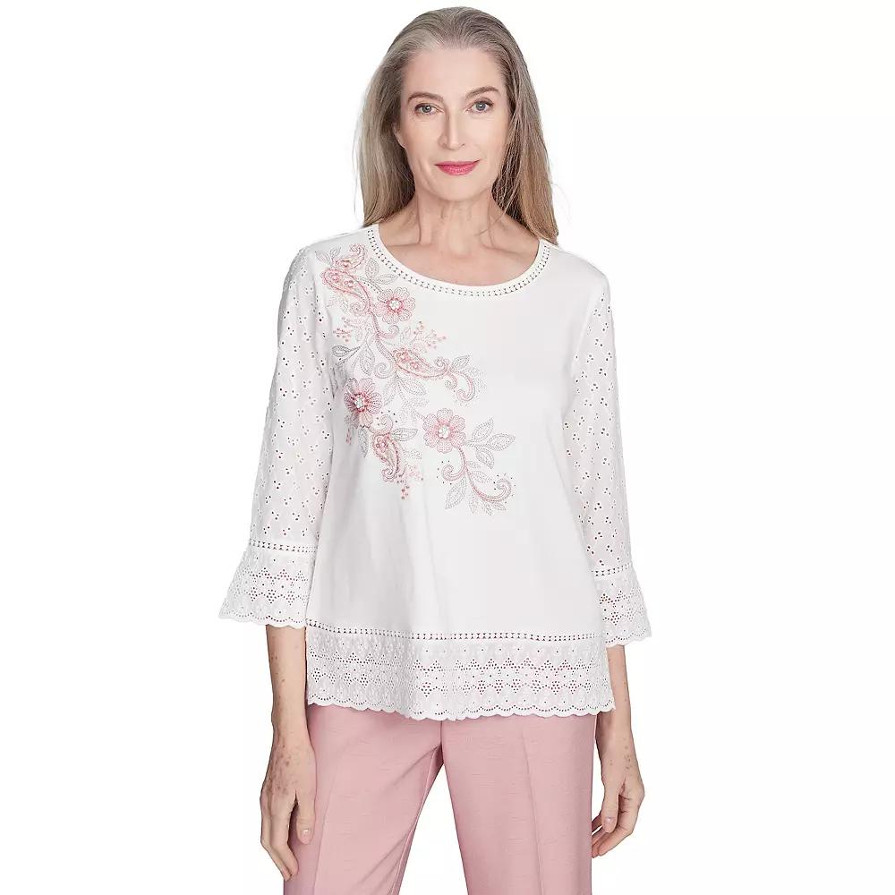 Petite Alfred Dunner Embroidered Floral Eyelet Trim Top, Women's, Size: XL Petite, Oyster Product Image