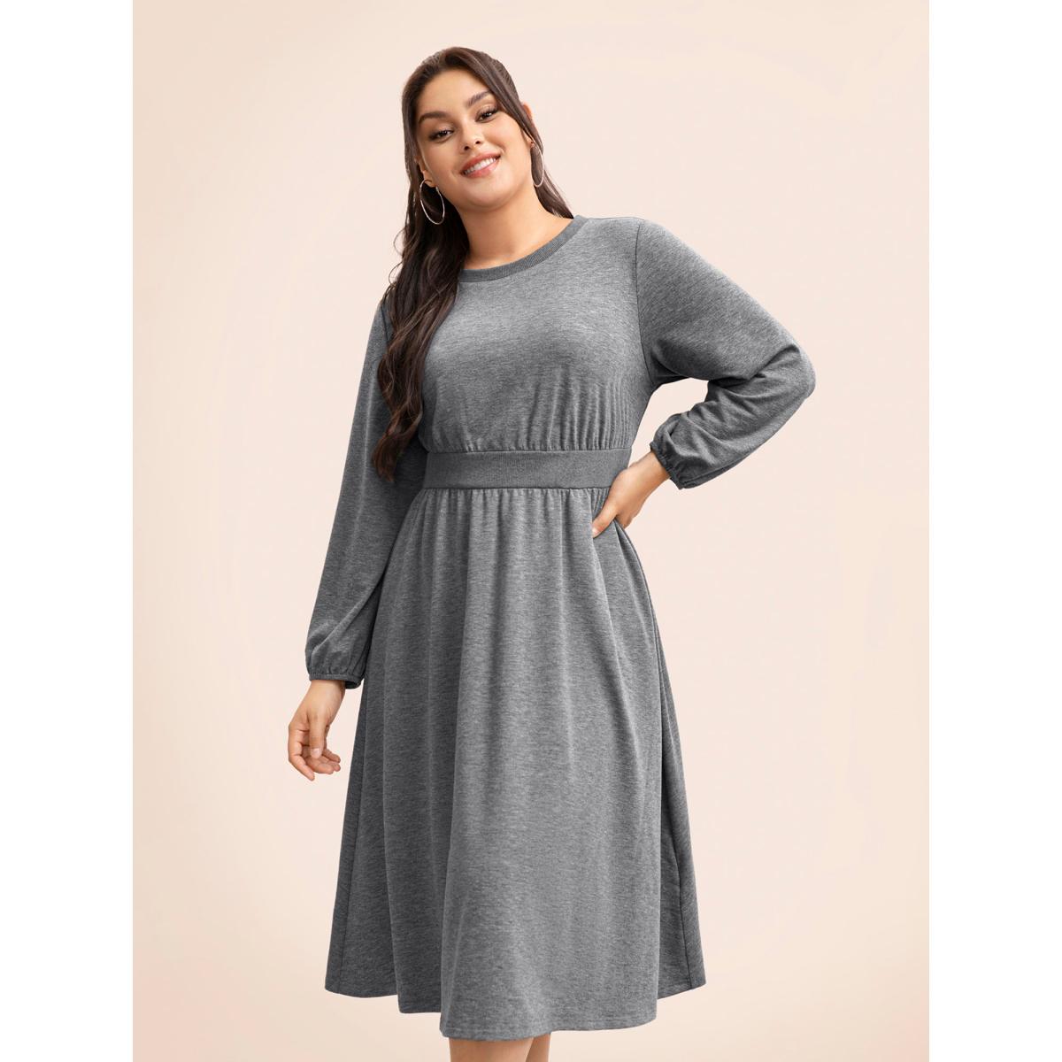 Plus Size Crew Neck Elastic Waist Midi Dress DarkGray Women Casual Patchwork Round Neck Long Sleeve Curvy BloomChic 22-24/3X Product Image