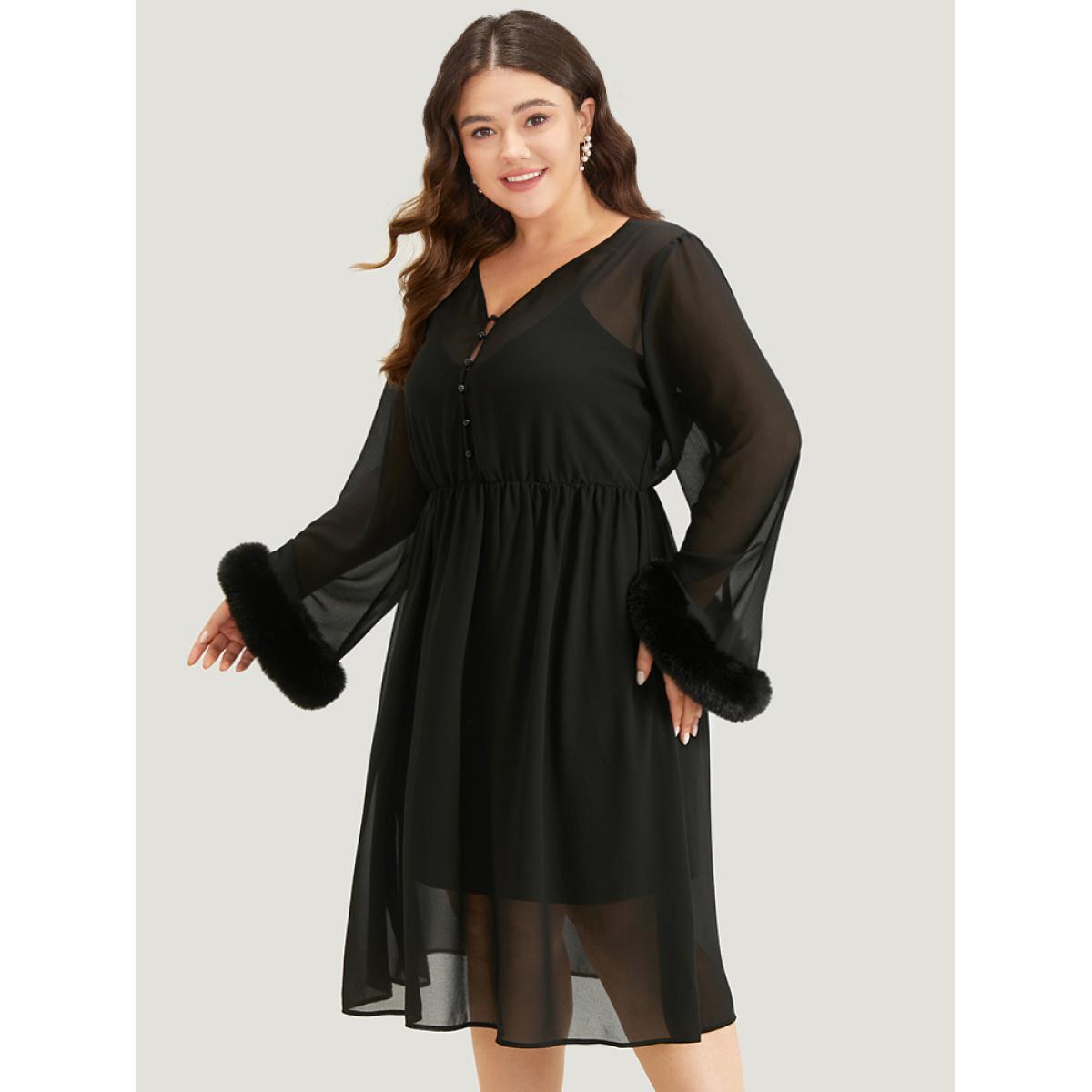 Plus Size Halloween Patchwork Chiffon Mesh Button Up Fuzzy Trim Dress Black Women Elegant Plain V-neck Long Sleeve Curvy Midi Dress BloomChic 18-20/2X Product Image