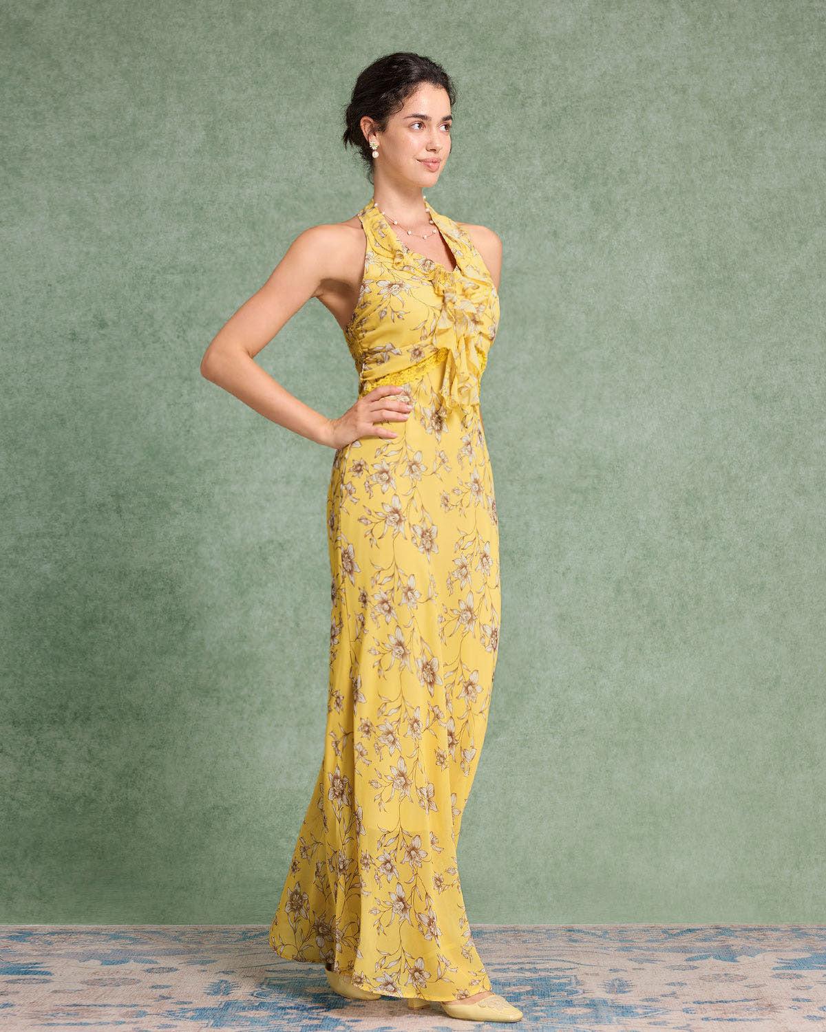 Yellow Floral Shirred Halter Maxi Dress Product Image