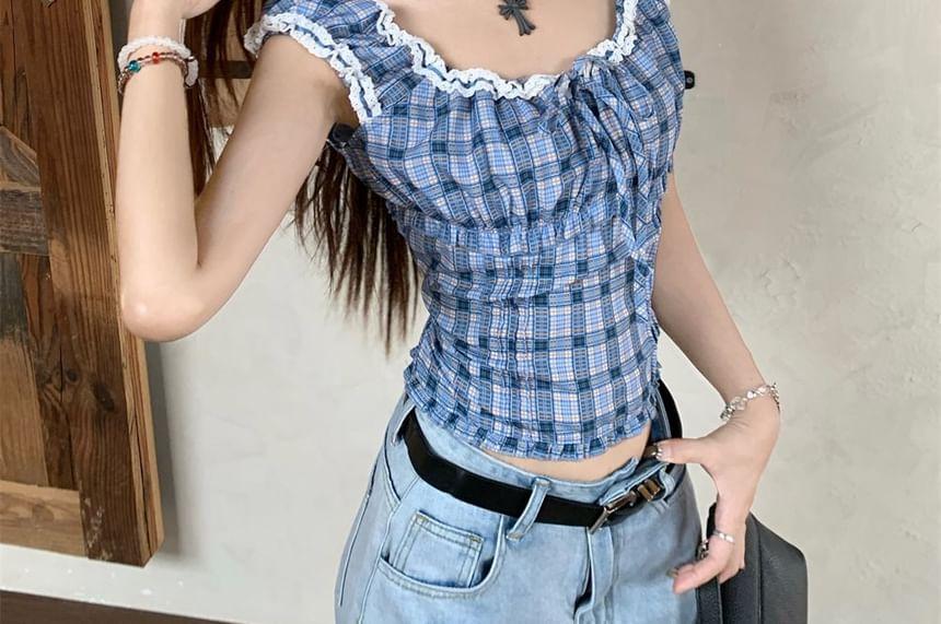 Sleeveless Scoop Neck Plaid Frill Tie Front Top Product Image